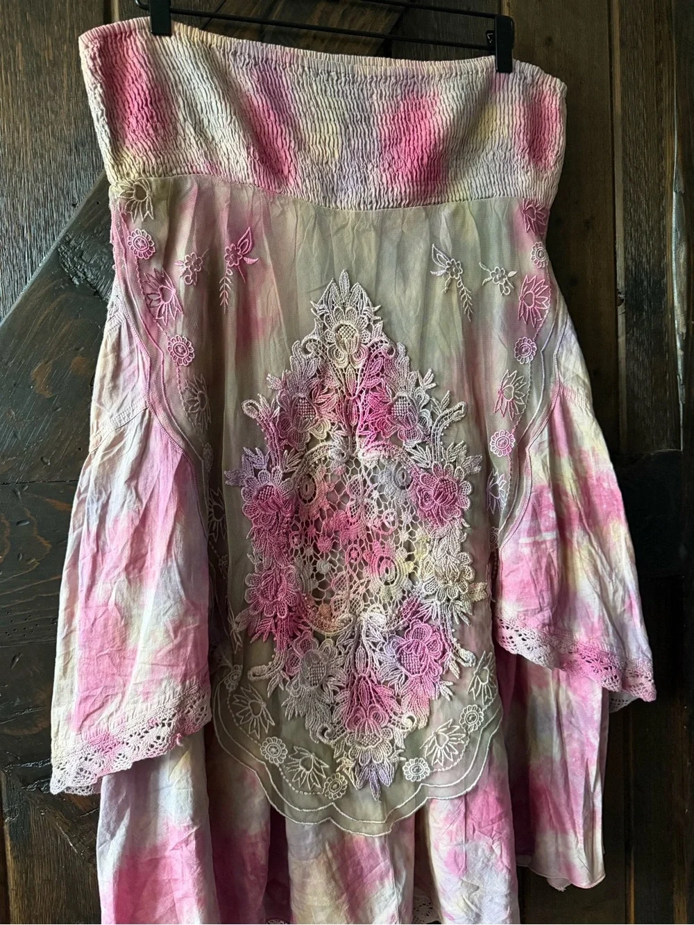 Free People Tie Dye Strapless Mini Dress Large Appliqué Pixie Fairy Renaissance